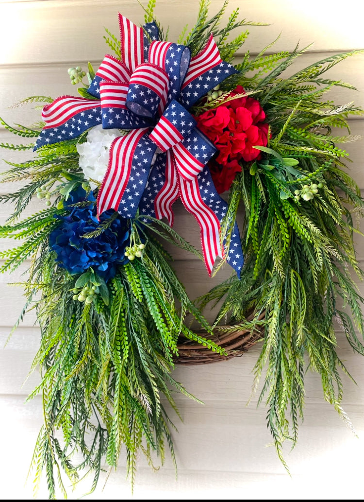32" Americana Hydrangea Wreath- Saw Grass - Red White and Blue