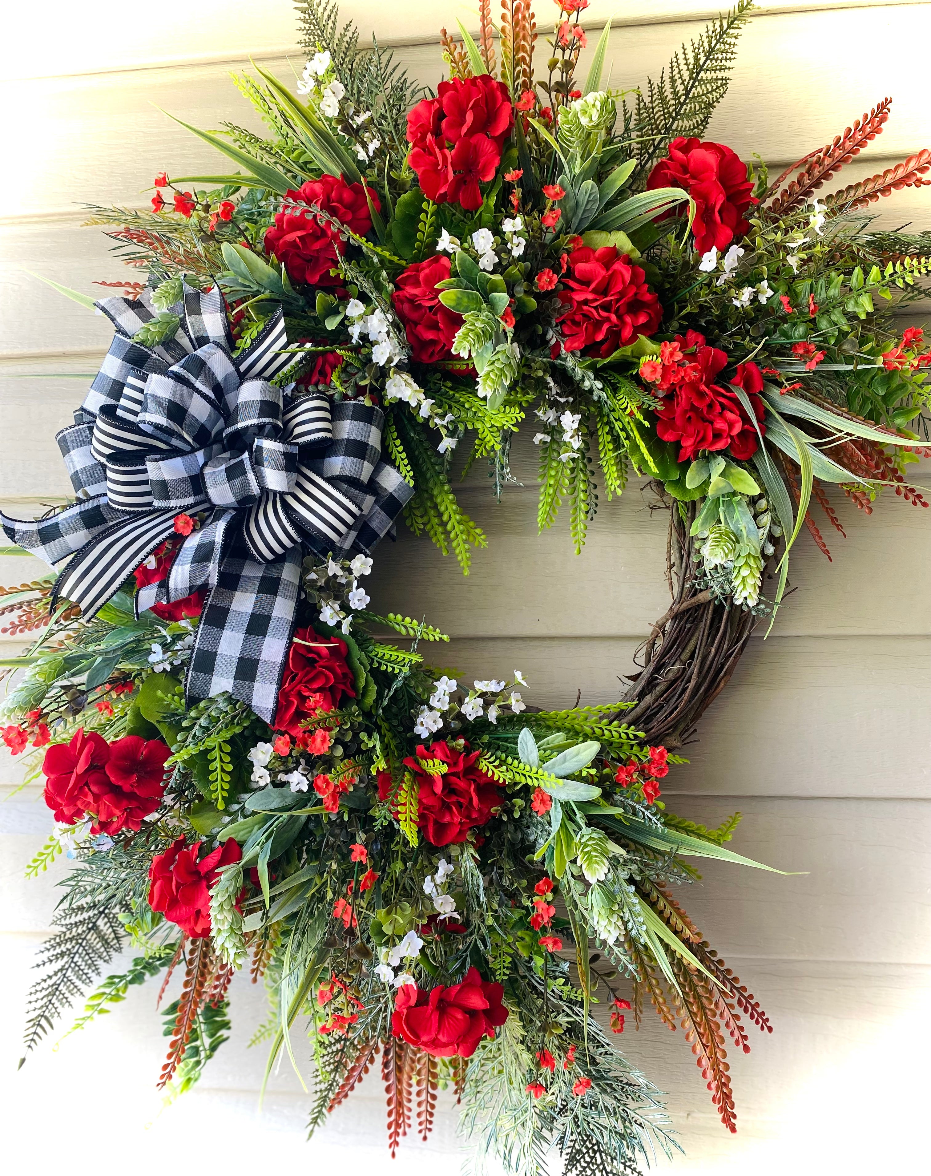 32" Red Geranium Wreath - With Mixed Greenery and Buffalo Check Ribbon