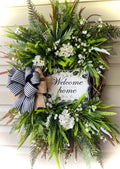 30" Welcome to Our Home - Greenery Wreath White Geraniums