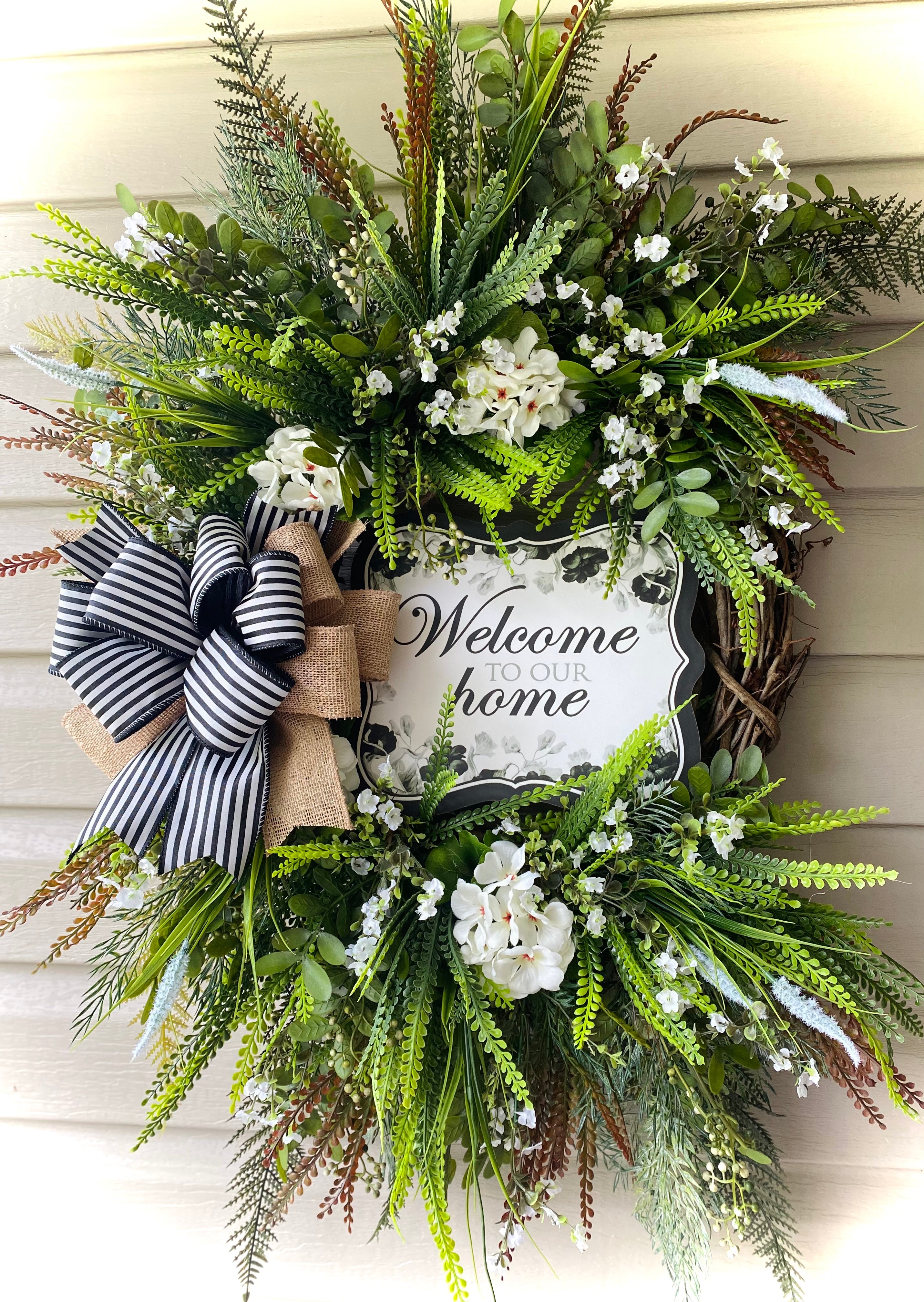 30" Welcome to Our Home - Greenery Wreath White Geraniums