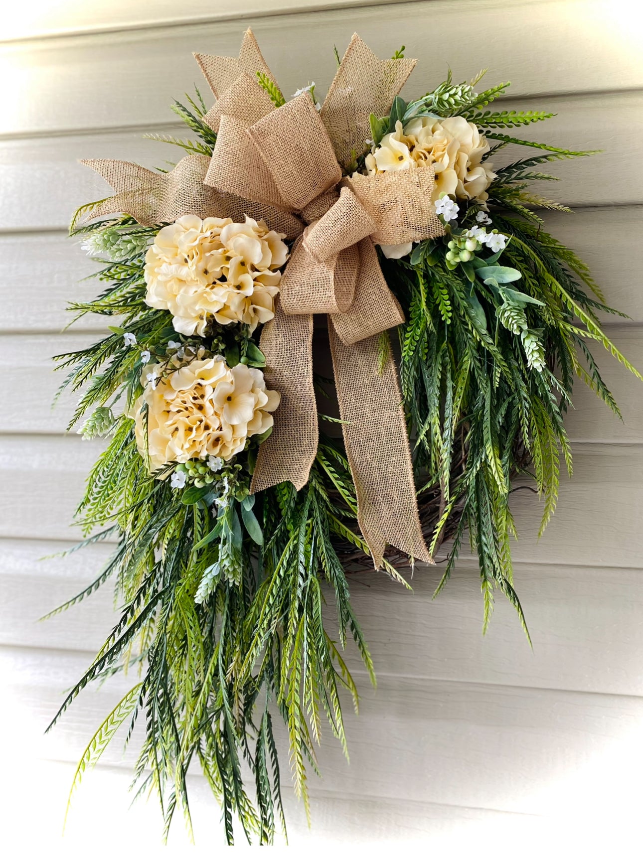 32" Saw Grass and Hydrangea Wreath-Bulap Bow