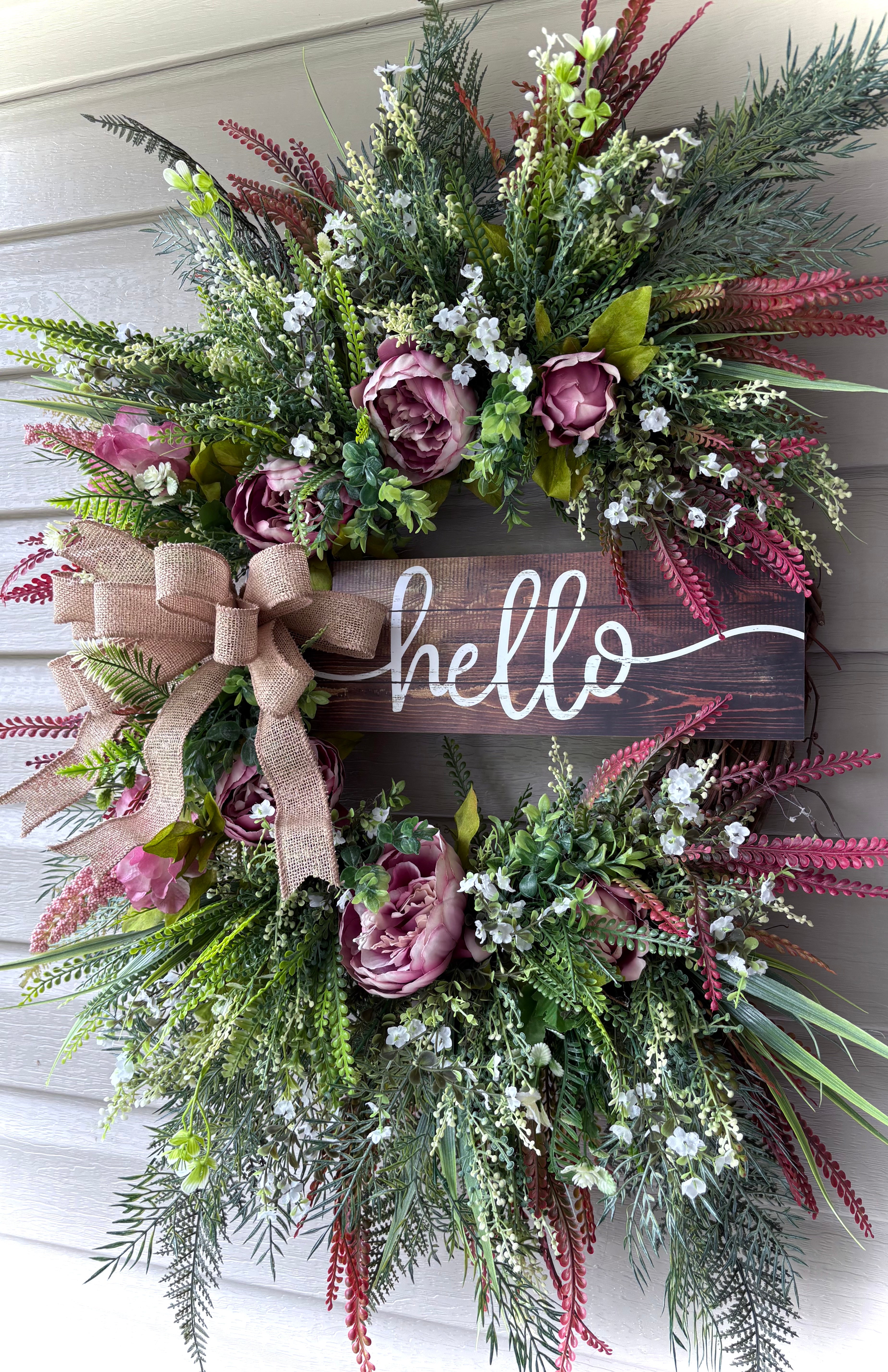 Hello Peony Wreath with Mixed Greenery and Burlap Bow
