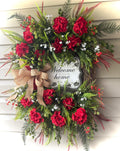 30" Gorgeous Red Geranium Wreath with Welcome to our Home Sign