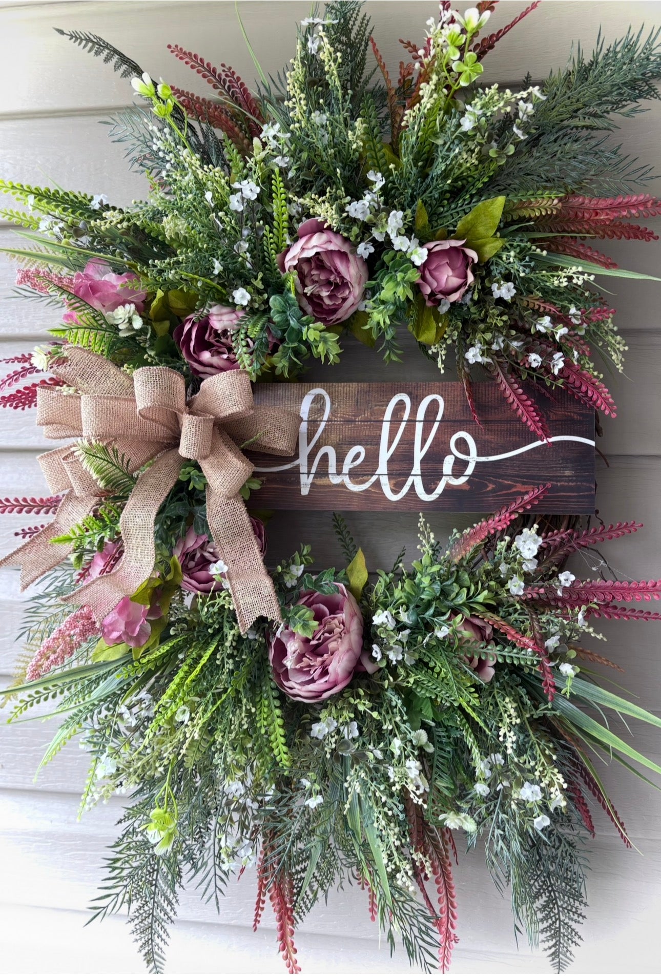Hello Peony Wreath with Mixed Greenery and Burlap Bow