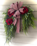 30" Gorgeous Greenery and Dark Red Hydrangea Wreath - Woven Bow
