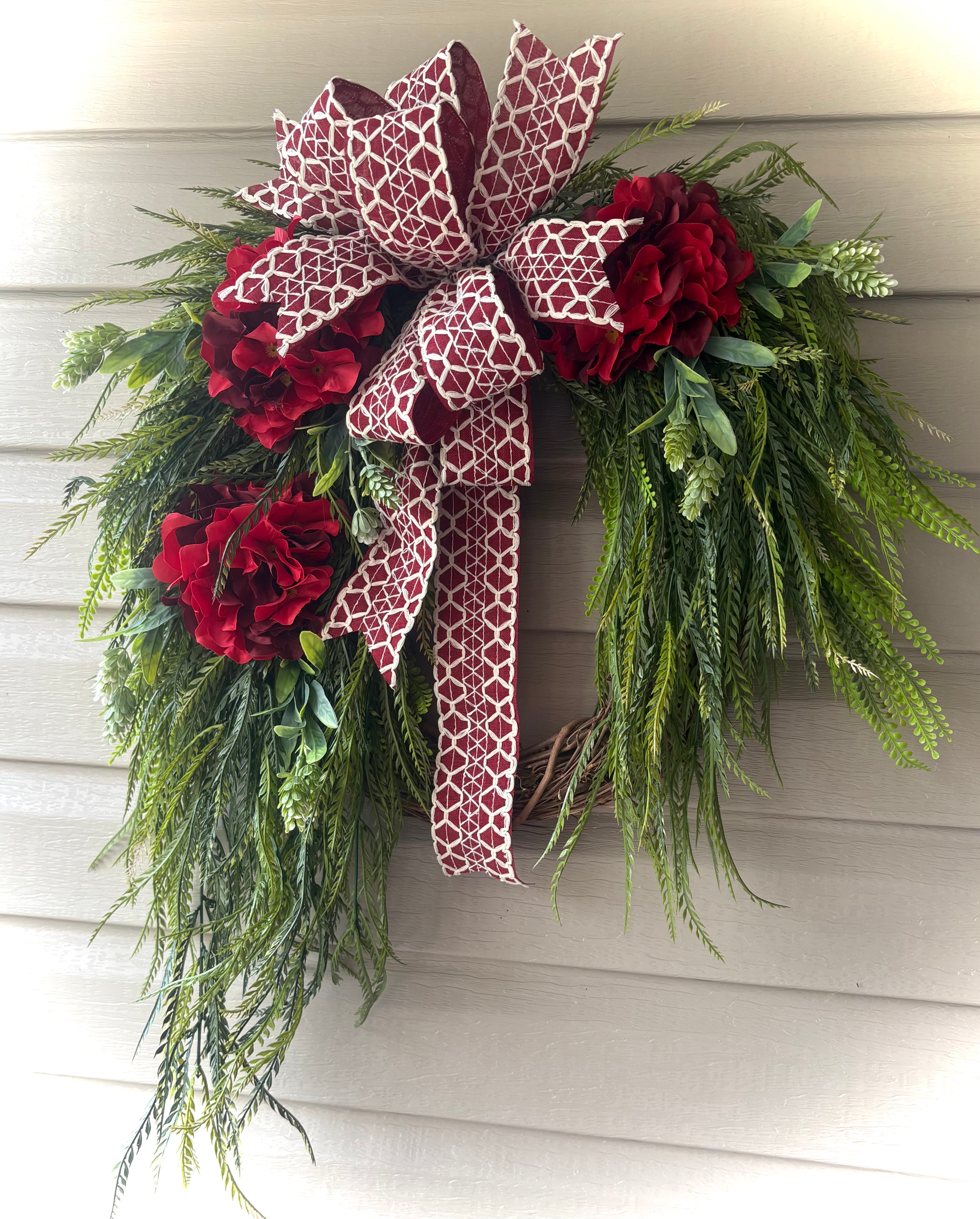 30" Gorgeous Greenery and Dark Red Hydrangea Wreath - Woven Bow